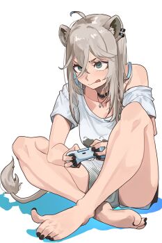 1girl ahoge animal_ears barefoot black_nails concentrating controller feet furrowed_brow green_eyes grey_hair highres holding holding_controller hololive indian_style lion_ears lion_girl lion_tail off_shoulder playing_games rasetsu001 shirt shishiro_botan sitting solo t-shirt tail tongue tongue_out virtual_youtuber white_background white_shirt