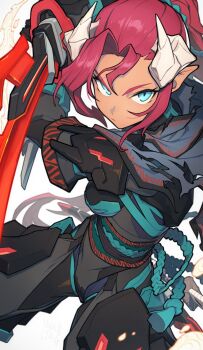 1girl aqua_eyes armor breasts commission dark-skinned_female dark_skin fighting_stance hata4564 highres holding holding_sword holding_weapon horns looking_at_viewer original pointy_ears ponytail red_hair scarf serious simple_background skeb_commission small_breasts solo sword torn_clothes torn_scarf v-shaped_eyebrows weapon white_background