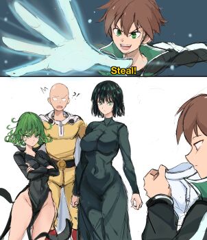 2boys 2girls bald black_dress bodysuit brown_hair clothes_theft commentary dress fubuki_(one-punch_man) green_dress green_eyes green_hair highres kono_subarashii_sekai_ni_shukufuku_wo! male_underwear multiple_boys multiple_girls one-punch_man pelvic_curtain rakeemspoon saitama_(one-punch_man) satou_kazuma symbol-only_commentary tatsumaki theft underwear underwear_theft white_male_underwear yellow_bodysuit