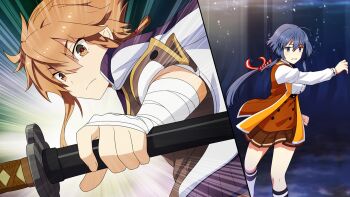 2girls ahoge bandaged_arm bandages breasts brown_jacket brown_skirt catching closed_mouth emphasis_lines game_cg hair_between_eyes holding holding_sword holding_weapon jacket jacket_on_shoulders katana kneehighs large_breasts long_hair long_sleeves looking_at_viewer mole mole_under_eye multiple_girls non-web_source orange_eyes orange_hair orange_jacket origami_family's_elite_guard_uniform osafune_girls_academy_school_uniform pleated_skirt school_uniform setouchi_chie sheath sheathed shidou_maki_(toji_no_miko) shirt short_hair skirt socks split_screen sword toji_no_miko toji_no_miko:_kizamishi_issen_no_tomoshibi v-shaped_eyebrows weapon white_jacket white_shirt white_socks winter_uniform