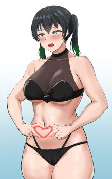 Rule 34 | 1girl, bikini, black bikini, black choker, black hair, blush, breasts, cameltoe, choker, embarrassed, gradient background, gradient hair, green eyes, green hair, heart, heart hands, heart hands over stomach, kiru (bsesso), layered bikini, lips, love live!, love live! nijigasaki high school idol club, medium breasts, medium hair, multicolored hair, navel, open mouth, solo, standing, swimsuit, takasaki yu, twintails, underboob, whale tail (clothing)