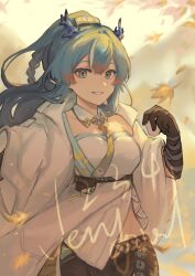 Rule 34 | 1girl, absurdres, aqua eyes, aqua hair, arknights, brown hair, chinese clothes, chinese commentary, commentary request, detached collar, dragon girl, dragon horns, grin, hair between eyes, hand up, highres, holding, horns, jacket, ling (arknights), long hair, looking at viewer, multicolored hair, necktie, open clothes, open jacket, shirt, short necktie, sleeves past elbows, smile, solo, sparklings (1234 hen hao chi), streaked hair, watermark, white jacket, white shirt, wide sleeves, wind, yellow necktie