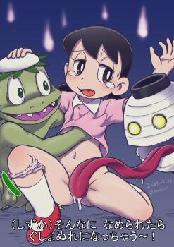 1girl bestiality black_hair commentary_request dorohedoro ghost interspecies kappa loli minamoto_shizuka mochi-iri_kinchaku panties panties_around_leg tongue tongue_out twintails underwear