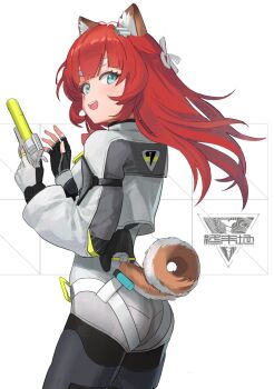 Rule 34 | 1girl, akekuri (arknights), animal ears, arknights, arknights: endfield, black gloves, blue eyes, bodysuit, commentary request, dog ears, dog girl, dog tail, endfield industries logo, endfield uniform, fingerless gloves, flare gun, gloves, gun, highres, holding, holding gun, holding weapon, kegani (kegani01), long hair, looking at viewer, multicolored gloves, open mouth, red hair, smile, solo, tail, two-sided gloves, weapon, white gloves