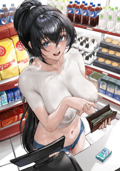 1girl aoi_sakura_(seak5545) banknote black_hair blue_eyes blush body_writing bodypaint bottle brand_name_imitation breasts cameltoe cash_register collarbone completely_nude convenience_store counter denim denim_shorts exhibitionism false_clothes female_pervert from_above hair_between_eyes hand_up heavy_breathing highres indoors large_areolae large_breasts long_hair looking_at_viewer looking_up money naked_paint navel nipples nude open_mouth original painted_clothes pervert ponytail pov public_indecency public_nudity puffy_nipples pussy shop short_shorts shorts shy smile solo steam steaming_body stomach sweat thighs uncensored upper_body very_long_hair very_sweaty wallet wavy_mouth