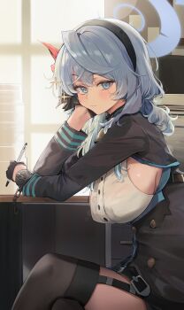 1girl absurdres ako_(blue_archive) black_garter_straps black_gloves black_hairband black_jacket black_thighhighs blance blue_archive blue_eyes blue_hair blush breasts crossed_legs cuffs garter_straps gloves hairband halo hand_on_own_cheek hand_on_own_face highres holding holding_pen indoors jacket large_breasts looking_at_viewer paper_stack pen shackles shirt sideless_shirt sitting solo thighhighs white_shirt