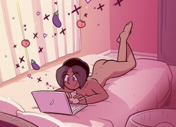 1girl ass barefoot bed bed_sheet bindi breasts brown_eyes commentary completely_nude computer dark-skinned_female dark_skin dev_(sam_&amp;_fuzzy) eggplant english_commentary feet feet_up food fruit full_body laptop legs_up lying medium_breasts nude on_bed on_stomach original peach pillow sam_&amp;_fuzzy sam_logan short_hair soles solo the_pose toes tongue tongue_out very_dark_skin