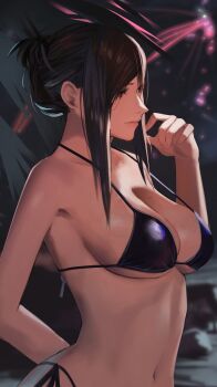 1girl alternate_costume arm_behind_back bikini black_bikini black_hair blurry blurry_background breasts cleavage commentary english_commentary female_focus final_fantasy final_fantasy_vii final_fantasy_vii_rebirth final_fantasy_vii_remake from_side hand_up highleg highleg_bikini highres j@ck large_breasts looking_ahead navel night official_alternate_hairstyle outdoors palm_leaf side-tie_bikini_bottom sidelocks sky smile solo strap_gap swimsuit tifa_lockhart underboob