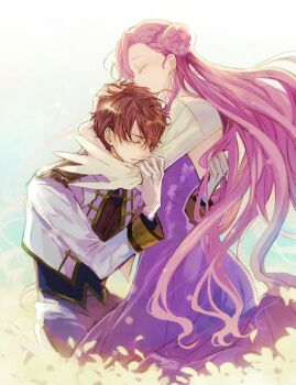 1boy 1girl brown_hair closed_eyes code_geass commentary_request couple crying donut_hair_bun dress euphemia_li_britannia field flower flower_field formal_clothes hair_bun hetero hug kururugi_suzaku long_hair long_sleeves pink_hair rata_to very_long_hair