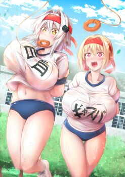 2girls alternate_breast_size blonde_hair blue_sky breasts buruma cat_hair_ornament cigar_cat cloud donut food gasper_vladi genderswap genderswap_(mtf) gym_uniform hair_ornament hands_tied_behind_back headband high_school_dxd highres huge_breasts multiple_girls name_tag navel open_mouth pink_eyes pointy_ears red_headband saliva short_hair sky sports_festival thick_thighs thighs toujou_koneko white_hair yellow_eyes