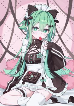 Rule 34 | 1girl, absurdres, apron, asymmetrical legwear, black bow, black jacket, black skirt, blush, bow, box, box of chocolates, brown shoes, closed mouth, commentary request, cowboy shot, crossed bangs, double-parted bangs, frilled apron, frilled skirt, frilled thigh strap, frills, garter straps, green hair, hair between eyes, hair bow, hair intakes, heart, highres, jacket, jersey maid, long hair, looking at viewer, maid, maid headdress, namin (namin star), original, shoes, single sock, single thighhigh, sitting, skirt, socks, solo, star-shaped pupils, star (symbol), symbol-shaped pupils, thigh strap, thighhighs, track jacket, unconventional maid, uneven legwear, valentine, white apron, white socks, white thighhighs