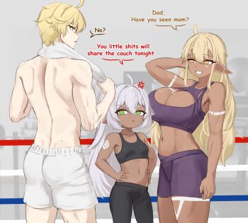 Rule 34 | aether (genshin impact), ahoge, anger vein, bike shorts, blonde hair, body markings, boxers, breasts, cleavage, damilola (mockingeu), dark-skinned female, dark elf, dark skin, elf, english text, genshin impact, green eyes, highres, iansan (genshin impact), long hair, long pointy ears, male underwear, midriff, mockingeu, navel, original, pointy ears, short bangs, sports bra, underwear, white hair, wrestling ring, yellow eyes