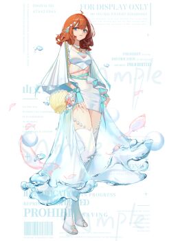 1girl absurdres ahoge aqua_gloves aqua_nails bag barcode beads blue_eyes boots chinese_commentary choker closed_mouth commentary_request commission crop_top eyelashes feather_hair_ornament feathers fingerless_gloves fingernails full_body gloves hair_beads hair_between_eyes hair_ornament hand_on_own_hip hand_on_own_thigh happy highres layered_skirt light_smile lipstick liquid_clothes long_skirt looking_at_viewer makeup medium_hair midriff miniskirt nail_polish navel open-toe_boots orange_hair original pencil_skirt pink_lips print_shirt sample_watermark shanwenyufan shell shell_bag shell_print shirt shoulder_bag showgirl_skirt simple_background skirt skirt_set solo standing tachi-e thigh_boots toenail_polish toenails toes too_many_watermarks water watermark wavy_hair white_background white_boots white_choker white_shirt white_skirt yellow_bag