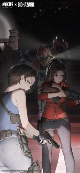 Rule 34 | absurdres, beretta 92, black gloves, black shirt, blue eyes, blue skirt, break-action grenade launcher, break action, brown hair, claire redfield, closed mouth, collared shirt, cropped, crossover, denim, fingerless gloves, flashlight, forehead, gloves, goddess of victory: nikke, green eyes, grenade launcher, grey pants, gun, handgun, highres, holding, holding flashlight, holding gun, holding weapon, indoors, jacket, jeans, jill valentine, long hair, long sleeves, looking afar, looking at viewer, m79, medium hair, miranda (nikke), pants, pink hair, ponytail, quiry (nikke), red jacket, resident evil, shirt, shotgun, skirt, sleeveless, sleeveless shirt, stairs, standing, twintails, very long hair, walking, weapon, white shirt