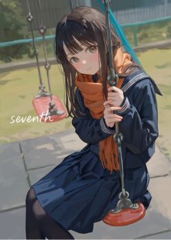1girl absurdres akipeko black_hair black_pantyhose blue_shirt blue_skirt blunt_bangs blurry blurry_background brown_eyes commentary_request highres long_hair long_sleeves looking_at_viewer on_swing orange_scarf original pantyhose pleated_skirt scarf school_uniform shirt skirt smile solo swing swing_set