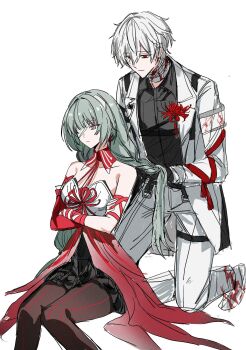 1boy 1girl arm_wrap armband bags_under_eyes bandage_over_one_eye bandaged_neck bandages bare_shoulders behind_another black_dress black_pantyhose black_shirt blood blood_on_clothes blood_on_neck blood_on_shoes bloody_bandages boutonniere braid breasts chest_harness closed_mouth collared_shirt commentary_request corsage couple crossed_arms crossed_legs detached_collar detached_sleeves dress expressionless flower front-seamed_legwear gradient_clothes gradient_dress green_hair grey_eyes hair_between_eyes hair_half_undone halter_dress halterneck harness hetero highres ilsijeongj2213 invisible_chair jacket kneeling knees_together_feet_apart korean_commentary lapels long_hair long_sleeves looking_at_another low_twin_braids medium_breasts notched_lapels oc_x_canon open_clothes open_jacket original pants pantyhose phrolova_(wuthering_waves) pleated_dress red_dress red_eyes red_flower red_pupils red_sleeves rether_(ilsijeongj2213) seamed_legwear shirt shoes short_dress short_hair showgirl_skirt simple_background single_detached_sleeve sitting spider_lily symbol-shaped_pupils thigh_strap tiptoes twin_braids two-tone_dress tying_another&#039;s_hair tying_hair very_long_hair very_short_hair white_background white_dress white_hair white_jacket white_pants white_shoes wing_collar wuthering_waves