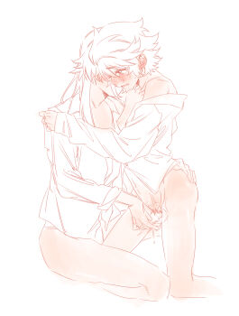 2girls bare_shoulders breasts chinese_commentary collarbone commentary fingering highres jiguang_haibao kneeling koishikawa_iko long_hair momijiyama_teru multiple_girls nipples pussy_juice shirt short_hair shy_(series) simple_background sitting small_breasts yuri