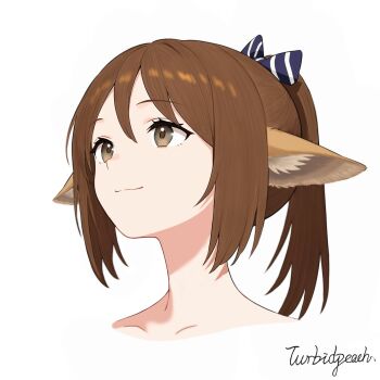 1girl animal_ears arknights artist_name black_bow bow brown_eyes brown_hair commentary_request cropped_head diagonal-striped_bow fox_ears fox_girl hair_bow head_back high_ponytail highres looking_down meme perfumer_(arknights) ponytail sidelocks simple_background smile solo striped_bow turbidpeachzz upward_angle_frieren_drawing_(meme) white_background