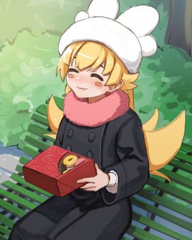 1girl bench black_coat blonde_hair blush_stickers box bush buttons closed_eyes closed_mouth coat cowboy_shot double-breasted flipped_hair from_above from_side fur_hat fur_scarf hair_between_eyes hair_flaps hands_up hat holding holding_box light_blush lips long_hair long_sleeves monogatari_(series) on_bench oshino_shinobu outdoors park_bench pastry_box pink_scarf pointy_ears ricman_rt scarf sitting solo tree trench_coat two-handed very_long_hair white_hat winter_clothes