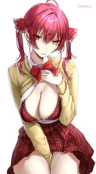 1girl absurdres ahoge bra breasts cleavage clothes_lift collared_shirt commentary hair_ribbon heterochromia highres hololive houshou_marine large_breasts long_hair looking_at_viewer narika_(narikakkkk) partially_unbuttoned plaid_clothes plaid_skirt pleated_skirt red_bra red_eyes red_hair red_ribbon red_skirt ribbon school_uniform shirt shirt_tucked_in simple_background sitting skirt solo sweater sweater_lift twintails underwear virtual_youtuber white_background white_shirt yellow_eyes yellow_sweater