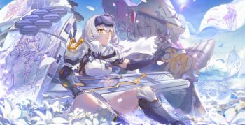 1girl breasts character_request cloak commentary csyday different_reflection english_commentary feet_out_of_frame field flower flower_field goddess_of_victory:_nikke head-mounted_display highres long_hair mechanical_arms mechanical_legs medium_breasts official_alternate_costume outdoors reflection reflective_surface scar_on_thighs shirt sign sitting snow_white_(heavy_arms)_(nikke) snow_white_(nikke) solo torn_cloak torn_clothes white_cloak white_flower white_hair white_shirt yellow_eyes