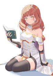 Rule 34 | 1girl, bare shoulders, black gloves, black thighhighs, book, brown hair, buttons, cape, celica (fire emblem), choker, collarbone, detached collar, dress, elbow gloves, fingerless gloves, fire emblem, fire emblem echoes: shadows of valentia, gloves, highres, holding, holding book, looking at viewer, nintendo, orange eyes, revvie, shy, simple background, solo, thighhighs, tiara, white background, white dress