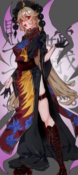 Rule 34 | 1girl, absurdres, black boots, black dress, black gloves, blonde hair, boots, chayo bababa, chinese clothes, commentary request, crescent, crescent print, dalachi (headdress), double-parted bangs, dress, energy, garter belt, gloves, grey background, half gloves, hand up, highres, junko (touhou), knee boots, lace-up boots, long hair, looking at viewer, open mouth, phoenix print, red eyes, red tabard, skindentation, solo, standing, tabard, touhou, triangle mouth, wide sleeves