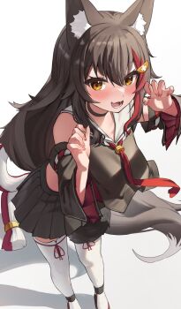 1girl :d animal_ear_fluff animal_ears back_bow big_hair black_choker black_hair black_serafuku black_shirt black_skirt black_sleeves black_tail blush bow choker claw_pose commentary cropped_shirt detached_sleeves double-parted_bangs fang feet_out_of_frame fingernails foreshortening gradient_background grey_background hair_ornament hairclip highres hololive kouhaku_nawa leaning_forward long_hair long_sidelocks long_sleeves looking_at_viewer miniskirt multicolored_hair neckerchief necktie ookami_mio ookami_mio_(1st_costume) open_mouth pleated_skirt red_neckerchief red_necktie red_shirt red_streaks rope sailor_collar sandals school_uniform serafuku shadow sharp_fingernails shimenawa shirt shirt_overhang sidelocks simple_background single_hair_streak skin_fang skirt sleeve_garter sleeveless sleeveless_shirt smile solo streaked_hair tail tail_around_own_leg tail_wrap thighhighs undershirt very_long_hair virtual_youtuber white_sailor_collar white_thighhighs wide_sleeves wolf_ears wolf_girl wolf_tail woogi_(duguddnr) yellow_eyes zouri