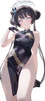 1girl absurdres bare_arms bare_shoulders black_dress black_gloves black_hair blue_archive blue_eyes breasts butterfly_hair_ornament china_dress chinese_clothes commentary_request double_bun dragon_print dress gloves hair_bun hair_ornament halo hand_up highres kisaki_(blue_archive) long_hair looking_at_viewer moemoepiano no_panties open_mouth pelvic_curtain print_dress simple_background sleeveless sleeveless_dress small_breasts solo standing thighs twintails very_long_hair white_background