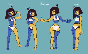 Rule 34 | 1girl, alternate costume, aqua background, ass, bare arms, bare legs, barefoot, black hair, blue skin, blunt bangs, blunt ends, bra, colored skin, cubism, ena (ena), ena (series), ena (species), ena (web series), english text, ethossketches, flat chest, from behind, full body, hand on own hip, hand up, happy ena, head tilt, highres, knees together feet apart, looking back, looking to the side, low poly, multicolored skin, multiple views, open mouth, outstretched arms, panties, profile, short hair, simple background, smile, split-color skin, spread arms, standing, thigh gap, two-tone skin, underwear, underwear only, white bra, white panties, wide hips, yellow skin