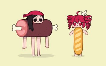 2girls baguette barefoot baseball_cap black_eyes boned_meat bread brown_hair chibi chibi_only closed_mouth commentary drill_hair english_commentary food foodification hair_ribbon hat highres kasane_teto kasane_teto_(sv) long_legs meat multiple_girls red_eyes red_hair red_hat red_pupils ribbon sideways_hat simple_background smile standing synthesizer_v takulai twin_drills yi_xi_(synthesizer_v)