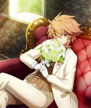 1girl bouquet brown_shirt buttons couch crossed_legs dappled_sunlight day feet_out_of_frame flower formal_clothes game_cg gloves holding holding_bouquet indoors jacket lily_(flower) long_sleeves looking_at_viewer official_art on_couch open_clothes open_jacket orange_eyes orange_hair own_hands_together pants red_pupils shidou_maki_(toji_no_miko) shirt short_hair sitting solo spiked_hair striped_clothes striped_shirt suit sunlight third-party_source toji_no_miko toji_no_miko:_kizamishi_issen_no_tomoshibi vertical-striped_clothes vertical-striped_shirt white_flower white_gloves white_jacket white_pants white_suit window