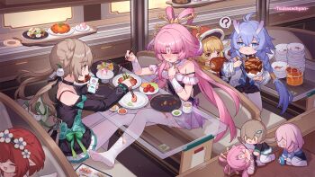 5girls ? artist_name bailu_(honkai:_star_rail) blonde_hair blue_eyes blue_hair blush bowl character_doll character_request chinese_commentary chopsticks closed_eyes closed_mouth commentary_request doll eating female_footjob food fu_xuan_(honkai:_star_rail) full-face_blush green_eyes grey_hair highres holding holding_bowl holding_chopsticks holding_phone honkai:_star_rail honkai_(series) hook_(honkai:_star_rail) horns indoors long_hair march_7th_(honkai:_star_rail) march_7th_(preservation)_(honkai:_star_rail) meat multiple_girls no_shoes open_mouth pantyhose phone pink_eyes pink_hair plate pointy_ears qingque_(honkai:_star_rail) red_hair restaurant sitting speech_bubble spoken_question_mark table tribadism tribbie_(honkai:_star_rail) tsubasa_tsubasa very_long_hair white_pantyhose yellow_eyes yuri