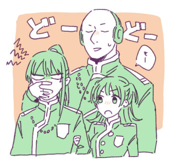 Rule 34 | 1girl, 2boys, asymmetrical hair, asymmetrical sidelocks, badge, bag, bald, black order uniform, border, brown background, buttons, carrying over shoulder, chain, closed eyes, d.gray-man, earrings, facing another, facing viewer, green theme, hair between eyes, hand on another's arm, hand on another's face, headphones, high ponytail, holding, holding another's arm, holding bag, iyo (kurumiwarin), jacket, jewelry, kanda yuu, lenalee lee, long hair, looking at another, mature male, medium hair, military, military uniform, multiple boys, noise marie, outside border, parted lips, ponytail, shoulder bag, sidelocks, speech bubble, striped clothes, striped jacket, stud earrings, sweat, sweatdrop, turtleneck, turtleneck jacket, two side up, upper body, vertical-striped clothes, vertical-striped jacket, white border