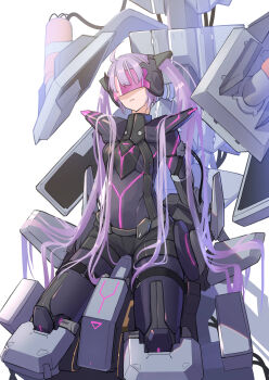 1girl :o absurdly_long_hair absurdres ahoge bodysuit breasts commentary commission duel_monster hair_spread_out highres long_hair medium_breasts official_alternate_costume open_mouth piloting purple_hair restrained ringobatake short_shorts shorts skeb_commission skin_tight sky_striker_ace_-_roze solo twintails very_long_hair visor yu-gi-oh!