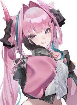 1girl absurdres arknights arknights:_endfield closed_mouth commentary cropped_jacket english_commentary eoboong green_hair hair_intakes hand_on_own_cheek hand_on_own_face highres horns jacket long_hair long_sleeves looking_at_viewer multicolored_hair pink_eyes pink_hair pink_jacket simple_background smile solo twintails white_background yvonne_(arknights)