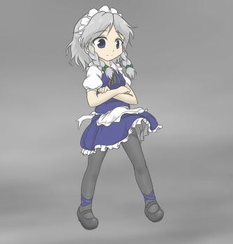 1girl blue_dress bow braid crossed_arms dress female_focus green_bow grey_background grey_hair grey_pantyhose hair_bow izayoi_sakuya maid maid_headdress mudadamuda pantyhose shoes standing touhou twin_braids