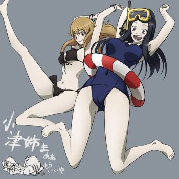 Rule 34 | 3girls, armpits, arms up, bare legs, barefoot, bikini, black bikini, black hair, blonde hair, blue background, bracelet, breasts, brown eyes, cameltoe, coppelion, front-tie bikini top, front-tie top, full body, jewelry, jumping, lifebuoy, long hair, m o (prftz), medium breasts, multiple girls, naruse ibara, navel, open mouth, ozu kanon, ozu shion, pale skin, scar, school swimsuit, side-tie bikini bottom, simple background, smile, snorkel, swim ring, swimsuit, toes, translated