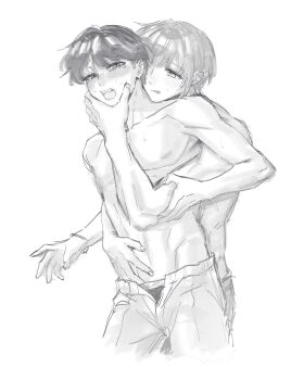 2boys absurdres blush commentary cropped_legs fujishima_megumi genderswap genderswap_(ftm) grabbing_another&#039;s_face greyscale hand_in_another&#039;s_underwear head_grab highres link!_like!_love_live! love_live! male_focus monochrome multiple_boys muscular muscular_male nipples nose_blush open_fly open_mouth otomune_kozue pants simple_background tongue tongue_out topless_male white_background yaoi zenma_trang