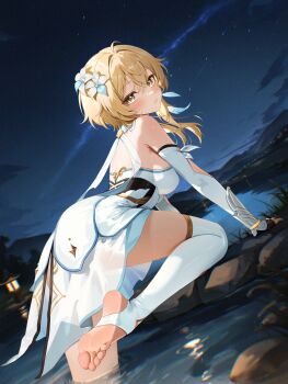 1girl absurdres bare_shoulders blonde_hair blush breasts dress feather_hair_ornament feathers feet flower genshin_impact hair_flower hair_ornament highres large_breasts looking_at_viewer looking_back lumine_(genshin_impact) medium_hair radoremo scarf sidelocks solo stirrup_legwear thighhighs toeless_legwear white_dress white_scarf white_thighhighs yellow_eyes