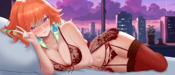 1girl absurdres bare_shoulders black_bra black_panties blurry blurry_background blush bra breasts cleavage dfswift green_hair highres hololive hololive_english indoors lace lace_bra lace_panties large_breasts lying on_bed on_side orange_hair panties purple_eyes solo takanashi_kiara underwear v virtual_youtuber window