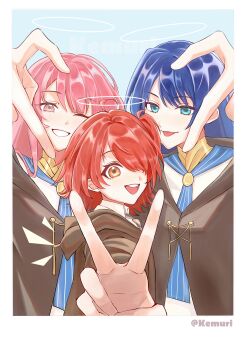 3girls :d :p ;d absurdres aqua_eyes arknights arm_up blue_sailor_collar bolo_tie border brown_cloak chinese_commentary cloak commentary_request exusiai_(arknights) grin group_picture hair_over_one_eye halo heart heart_hands heart_hands_trio highres hood hood_down hooded_cloak lemuen_(arknights) long_hair looking_at_viewer mostima_(arknights) multiple_girls one_eye_closed one_eye_covered open_mouth orange_eyes outstretched_arm pink_eyes pink_hair purple_hair red_hair sailor_collar sallyface512 shirt short_hair smile tongue tongue_out traditional_halo upper_body v white_border white_halo white_shirt