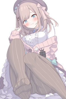 :3 aqua_eyes aqua_nails beret blue_eyes blush brown_pantyhose cardigan center_frills feet frills hair_ornament hat hat_pin highres kurono_yuzuko looking_at_viewer nijisanji no_shoes panties panties_under_pantyhose pantyhose pink_cardigan pinstripe_pantyhose simple_background skirt striped_clothes striped_pantyhose striped_skirt suzuhara_lulu suzuhara_lulu_(1st_costume) underwear vertical-striped_clothes vertical-striped_pantyhose vertical-striped_skirt virtual_youtuber white_background x_hair_ornament