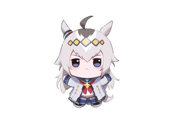 1girl absurdres ahoge animal_ears beleven black_pantyhose blue_eyes blue_sailor_collar blue_skirt brooch chibi commentary ear_ornament full_body grey_hair grey_tail hair_between_eyes hairband highres horse_ears horse_girl horse_tail jacket jewelry long_hair long_sleeves multicolored_hair neckerchief oguri_cap_(starlight_beat)_(umamusume) oguri_cap_(umamusume) panty_straps pantyhose pleated_skirt red_neckerchief sailor_collar shirt simple_background skirt solo star_brooch tail umamusume white_background white_jacket white_shirt