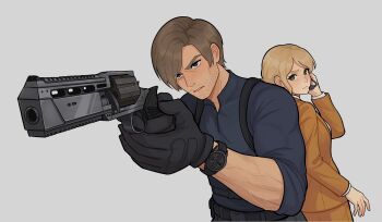 Rule 34 | 1boy, 1girl, ashley graham, back-to-back, beard stubble, black gloves, blonde hair, blue eyes, blue shirt, breasts, collared shirt, facial hair, formal clothes, furrowed brow, gloves, green eyes, grey background, gun, handgun, headset, highres, holding, holding gun, holding weapon, jacket, leon s. kennedy, light frown, medium breasts, orange jacket, orange suit, parted bangs, parted lips, resident evil, resident evil 4, shirt, short hair, stubble, suit, suit jacket, updo, veroq77, watch, weapon, white shirt, wristwatch