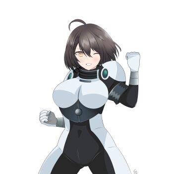 1girl absurdres ahoge armor azur_lane baltimore_(azur_lane) black_bodysuit bodysuit breastplate brown_hair cosplay fitz_(3252) gloves highres looking_at_viewer medium_hair one_eye_closed simple_background solo standing vandread white_background white_gloves yellow_eyes