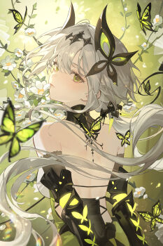 1girl absurdres black_horns blurry bug butterfly chinese_commentary commentary_request depth_of_field dress duet_night_abyss flower from_behind grey_hair hair_between_eyes hair_ornament highres horns ichisaku insect looking_at_viewer looking_back psyche_(duet_night_abyss) short_hair solo white_flower yellow_eyes