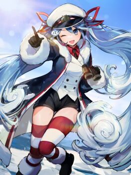 1girl aqua_eyes aqua_hair binoculars black_coat black_gloves black_necktie black_shorts blush coat collared_shirt commentary_request fur-trimmed_coat fur-trimmed_sleeves fur_trim gloves gradient_hair hair_between_eyes hair_ornament hair_ribbon hat hatsune_miku highres holding holding_binoculars jacket long_hair long_sleeves looking_at_viewer multicolored_hair nannaspad necktie official_alternate_costume official_alternate_hairstyle one_eye_closed open_mouth peaked_cap red_ribbon red_shirt ribbon sailor_hat shirt short_shorts shorts smile solo striped_clothes striped_thighhighs thighhighs twintails very_long_hair vocaloid white_hair white_jacket yuki_miku yuki_miku_(2022) zettai_ryouiki
