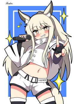 1girl :d absurdres animal_ears arknights artist_name belt black_gloves black_outline blush border brown_eyes cel_shading clothes_writing commentary_request contrapposto cowboy_shot crop_top cropped_jacket eighth_note elbow_gloves eyes_visible_through_hair fingerless_gloves gloves grey_hair grey_tail grin hand_up hendra high_collar highres holding holding_microphone horse_ears horse_girl horse_tail jacket long_hair looking_at_viewer microphone midriff musical_note navel open_mouth outline outside_border outstretched_arm platinum_(arknights) short_shorts shorts sidelocks signature smile solo sparkle split_mouth standing tail v white_belt white_border white_jacket white_shorts