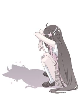 1girl ahoge bandaid bandaid_on_finger bandaid_on_hand black_hair black_shoes cat_shadow_puppet_(meme) colored_inner_hair commentary_request from_side full_body gauze gauze_on_knee grey_skirt hair_ornament hair_ribbon highres long_hair meme miniskirt multicolored_hair original pink_streaks ribbon shadow shadow_puppet shoes short_sleeves simple_background skirt socks solo squatting streaked_hair very_long_hair white_background white_ribbon white_socks x_hair_ornament yu_o015